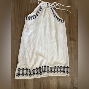 White Sleeveless Dress with Black Geometric Pattern